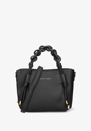 Zwarte leren handtas met een gestructureerde afwerking, voorzien van een uniek lusvormig handvat en een afneembare schouderriem. Goudkleurige hardware als accent.