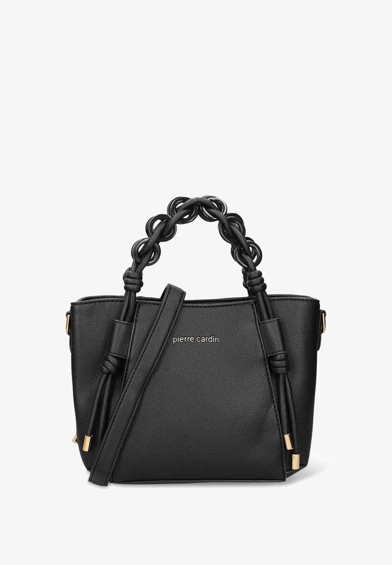 Borsa nera in pelle con finitura testurizzata, caratterizzata da una maniglia unica ad anello e una tracolla removibile. Dettagli in metallo color oro.