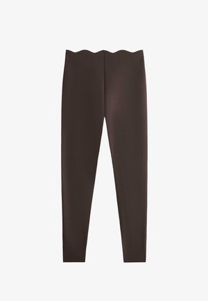 Dark brown full-length leggings with a scalloped edge waistband, shown flat on a white background.