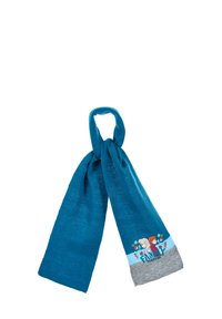 Sciarpa teal con una texture liscia, caratterizzata da una sezione grigia con un design stampato "Family Forever" e personaggi, annodata in cima.