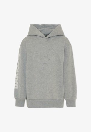 Grijze capuchontrui met een gestructureerd ontwerp van een ronde gezicht aan de voorkant en "DARK" in wit op de linkermouw gedrukt. Verstelbare capuchon.