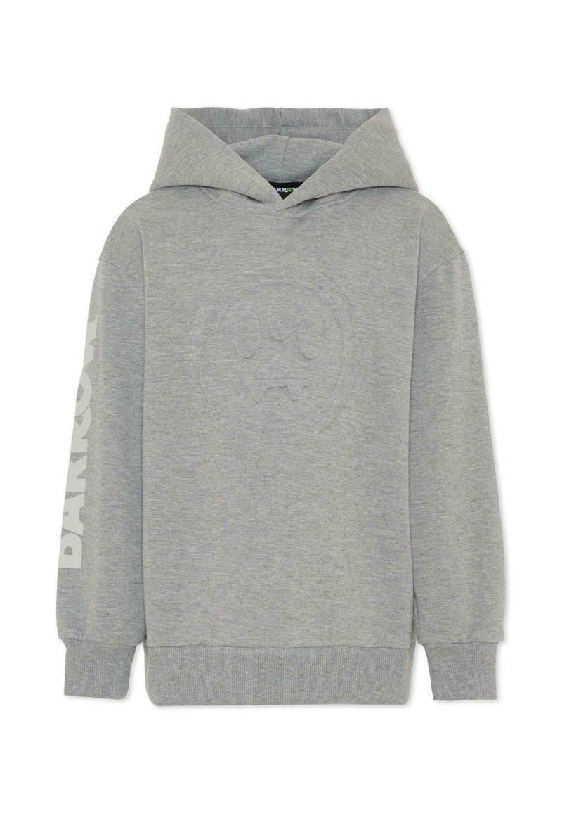 Felpa grigia con cappuccio con un design testurizzato di un volto rotondo sulla parte anteriore e la scritta "DARK" in bianco sulla manica sinistra. Cappuccio regolabile.