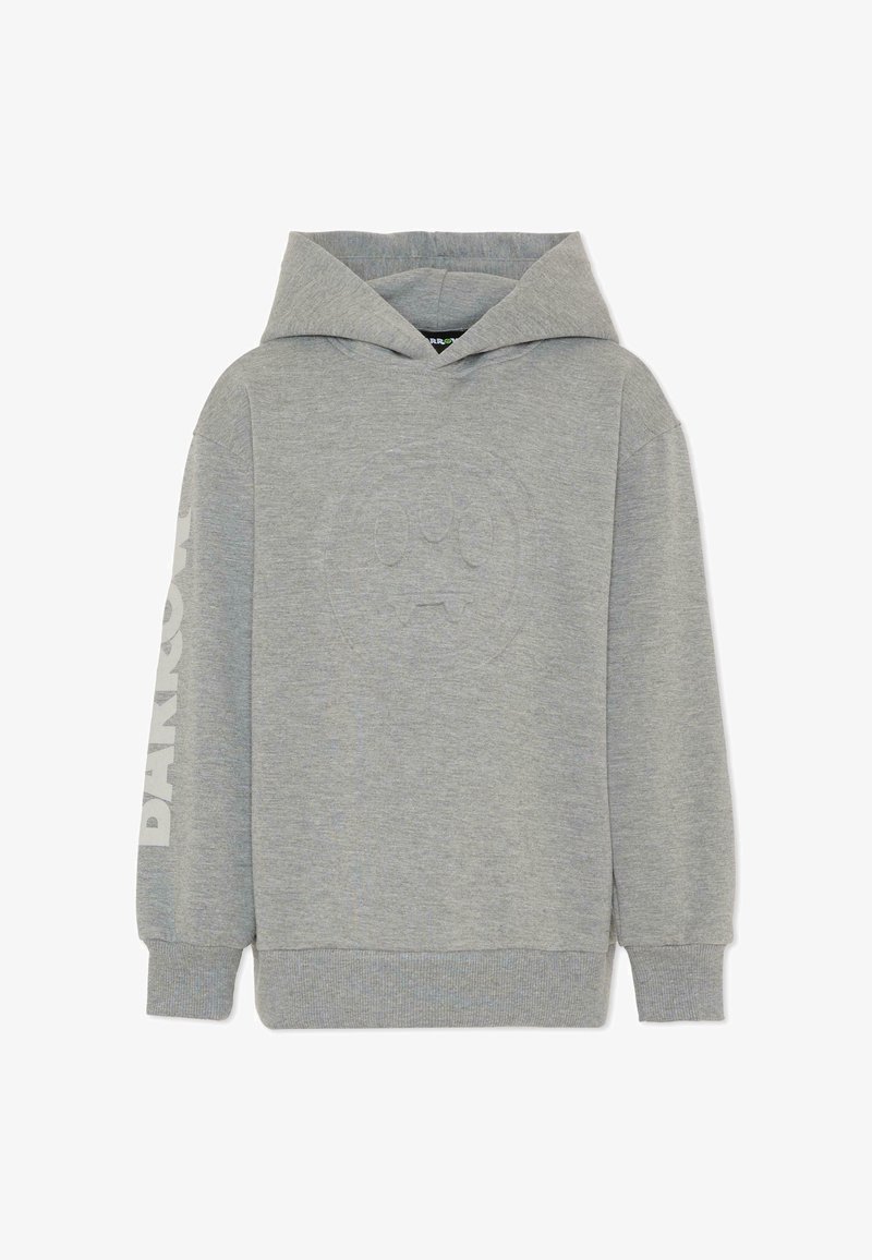 Felpa grigia con cappuccio con un design testurizzato di un volto rotondo sulla parte anteriore e la scritta "DARK" in bianco sulla manica sinistra. Cappuccio regolabile.