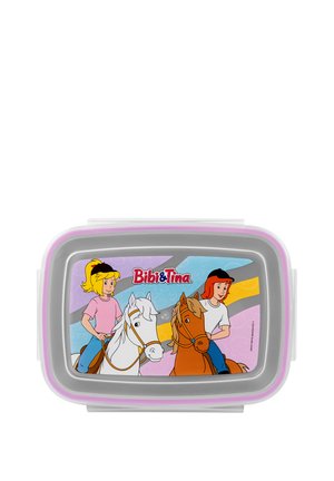 Bibi&Tina lunch box, rectangular with a gray plastic base, features a colorful lid depicting two girls on horses, with pink and gray accents.