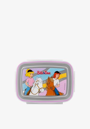 Bibi&Tina lunch box, rectangular with a gray plastic base, features a colorful lid depicting two girls on horses, with pink and gray accents.