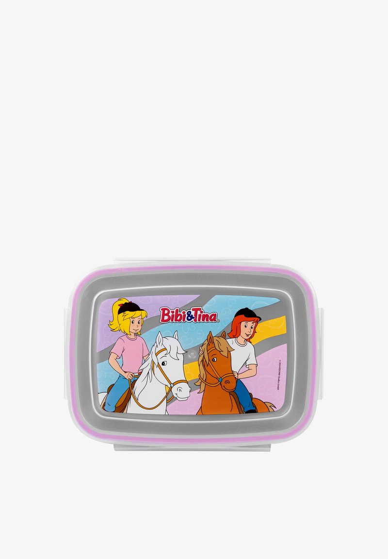 Bibi&Tina lunch box, rectangular with a gray plastic base, features a colorful lid depicting two girls on horses, with pink and gray accents.