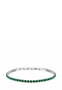 Bracciale color argento con molteplici strass verdi montati a griffa, con una costruzione flessibile a maglie per un facile utilizzo.