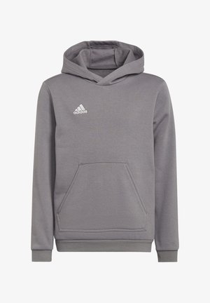 Gray hoodie made of soft fabric with a kangaroo pocket, ribbed cuffs, and a white Adidas logo on the left chest area.