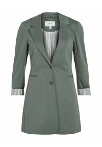 Zelené sako s výstřihem s klopy, dlouhými rukávy a proužkovanou podšívkou na manžetách. Má zapínání na jeden knoflík a hladkou texturu látky.