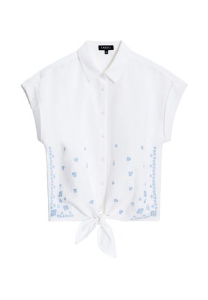 Camicia bianca a maniche corte con bottoni e colletto, ricamo floreale blu vicino all'orlo e nodo frontale annodato, taglia 36, marchio Caroll.