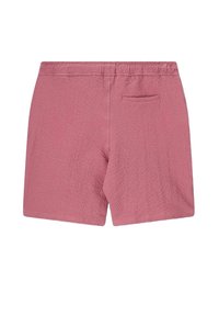 Shorts roses en tissu texturé, dotés d'une taille élastique et d'une seule poche arrière. Forme simple et ajustée.