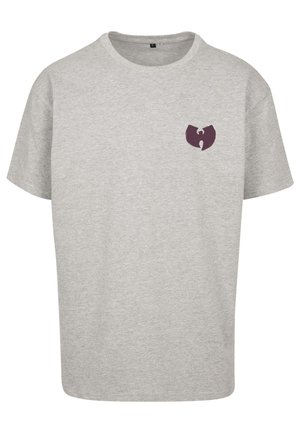 Gray cotton t-shirt with a crew neck, featuring a small purple Wu-Tang Clan logo on the left chest area. Short sleeves, relaxed fit.