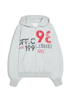 Light gray zip-up hoodie with a hood and printed text in red and black reading "EST. 199," "LISHEI," and "NYC."