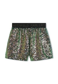 Shorts verde e argento con paillettes, dotati di una cintura elastica nera con il logo "KARL LAGERFELD". Dotati di una texture scintillante e di un design aderente.