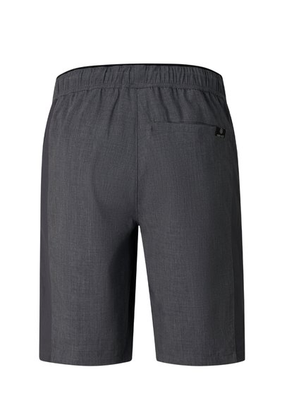 Ciemnoszare męskie spodenki z elastycznym pasem, pojedynczą tylną kieszenią i subtelną fakturą materiału widoczną z tyłu.