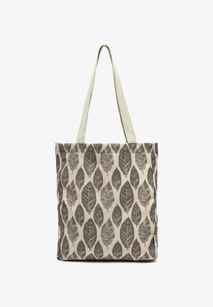 Beige Tragetasche mit langen Griffen und einem sich wiederholenden Muster dunkler Blätter in Reihen.