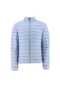 Chaqueta acolchada de color azul claro con mangas largas, cuello alto y cierre frontal con cremallera.