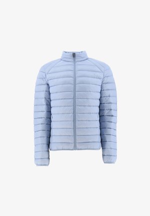 Hellblaue gesteppte Steppjacke mit langen Ärmeln, hohem Kragen und Reißverschluss vorne.