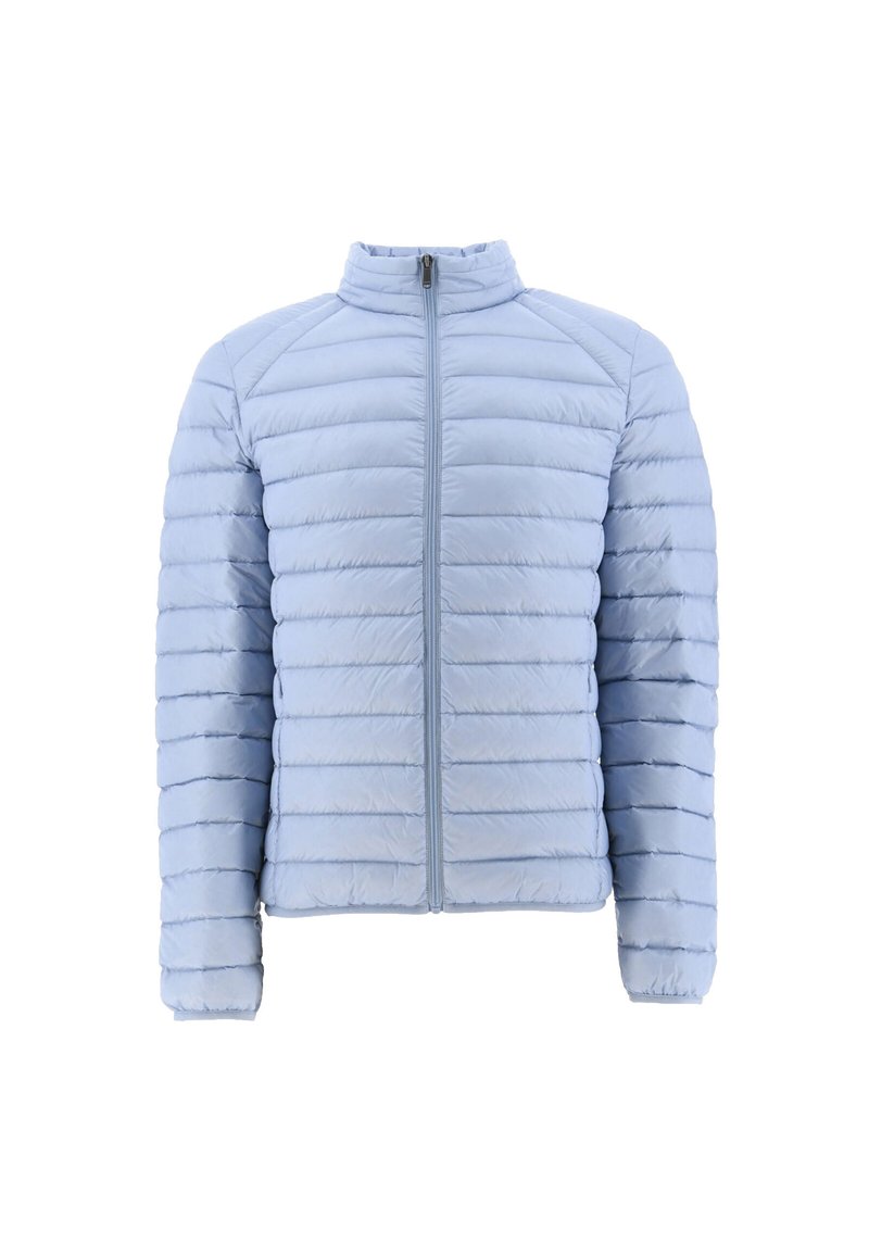 Chaqueta acolchada de color azul claro con mangas largas, cuello alto y cierre frontal con cremallera.