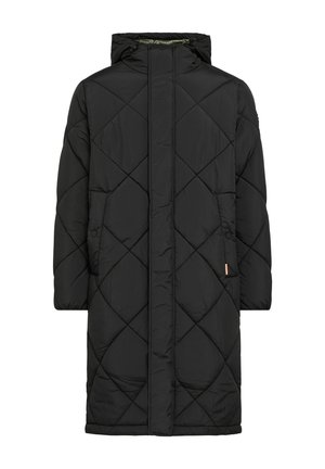 Zwarte gewatteerde lange jas met capuchon, voorzien van een ruitpatroon, zijzakken en een ritssluiting aan de voorkant. Zachte stoftextuur.