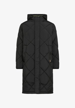 Zwarte gewatteerde lange jas met capuchon, voorzien van een ruitpatroon, zijzakken en een ritssluiting aan de voorkant. Zachte stoftextuur.