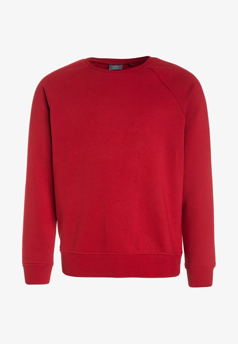Sweat-shirt rouge à col rond avec manches longues, poignets et ourlet côtelés, en tissu doux, adapté pour une tenue décontractée.