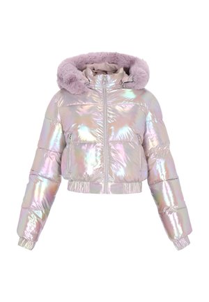 Doudoune courte avec une finition holographique, dotée d'une capuche en fausse fourrure, d'une fermeture éclair frontale et de poignets élastiques pour un ajustement confortable.