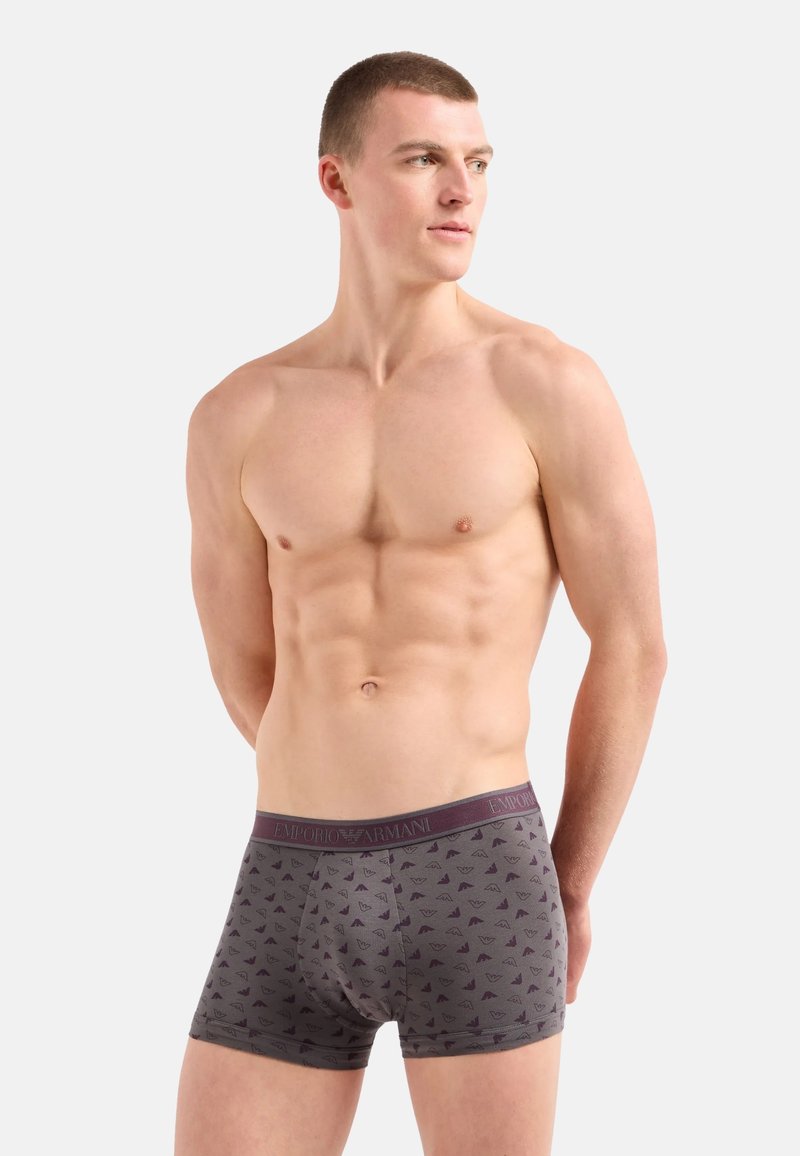 Boxeri gri din bumbac cu un model triunghiular subtil și o talie elastică cu logo-ul "Emporio Armani" în vișiniu închis. Design moale, aderent.