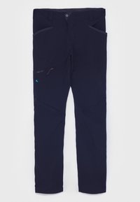 Pantalon bleu marine foncé à jambes droites avec poches avant et petite poche à fermeture éclair sur la cuisse gauche, taille plate avec fermeture à bouton.