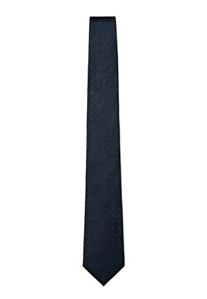 Cravatta blu marina scuro con un motivo sottile di piccoli puntini distribuiti uniformemente, stesa piatta su uno sfondo bianco.