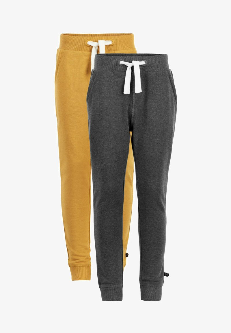 Zwei Paar Jogginghosen: eine in Gelb und eine in Dunkelgrau. Beide haben einen gerippten Bund, weiße Kordeln und Seitentaschen.