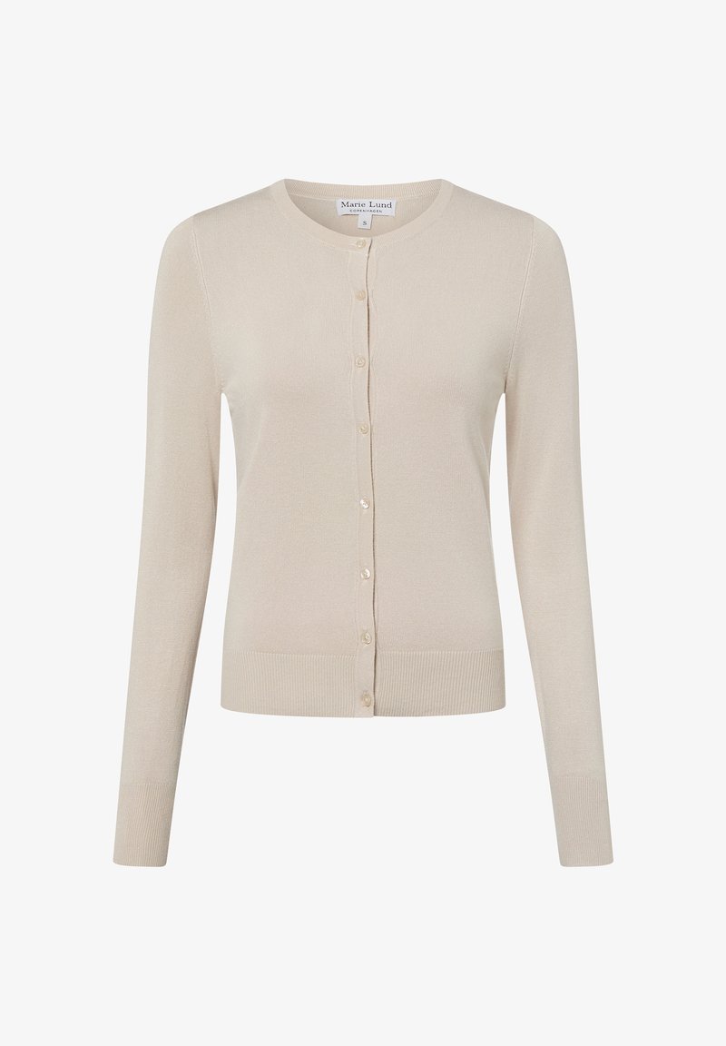 Beiger Cardigan mit rundem Ausschnitt, langen Ärmeln und durchgehender Knopfleiste; verfügt über eine gerippte Struktur an Bündchen und Saum.