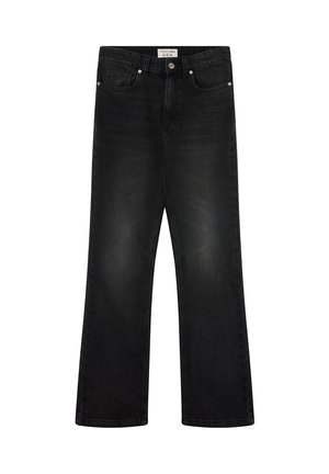 Czarne dżinsy o prostym kroju z pięcioma kieszeniami, guzikami z przodu i szlufkami na pasek, z delikatnym blaknięciem na udach.