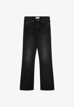 Jeans nero a gamba dritta con design a cinque tasche, bottone frontale e passanti per cintura, con una leggera scoloritura sulle cosce.