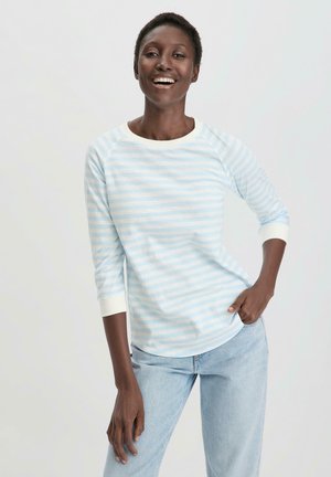 Chemise à rayures bleu clair et blanche à manches longues, avec un col rond et des poignets côtelés, associée à un jean en denim clair.