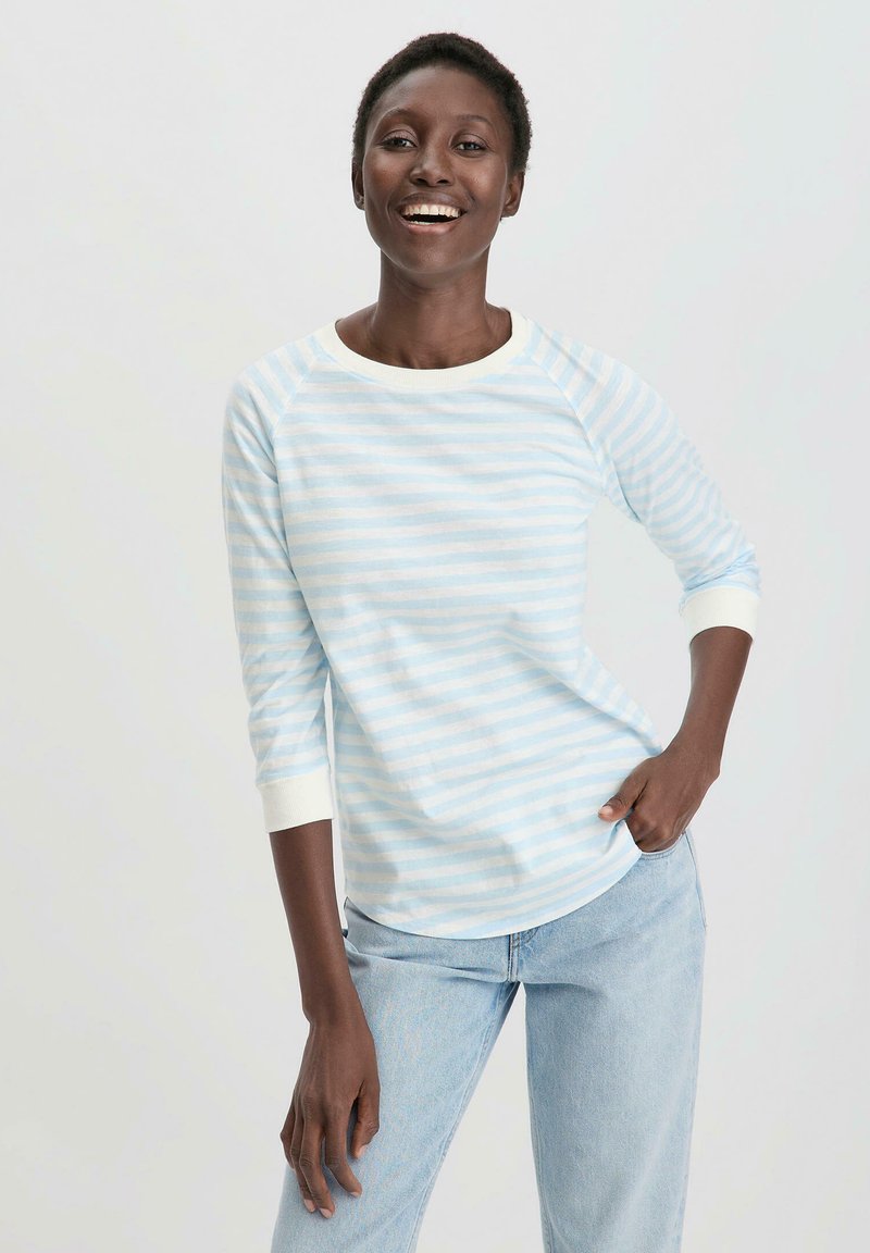 Vaaleansiniraidallinen pitkähihaisen puseron, jossa on pyöreä pääntie ja ribbireunat, yhdistettynä vaaleansinihin farkkuihin.