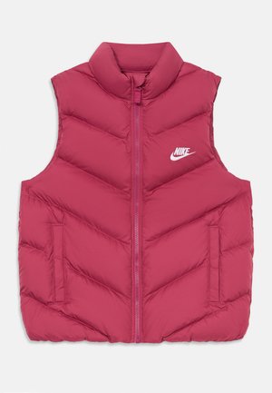 Rode puffer vest met een hoge kraag, ritssluiting en zijzakken. Met een chevron-quiltpatroon en het witte Nike-logo op de borst.
