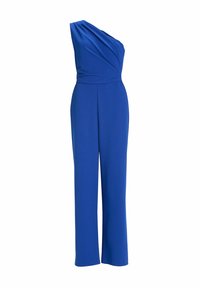 Jumpsuit asymétrique à une épaule en bleu vif, avec un tissu texturé, un corsage ajusté et des jambes larges, offrant une silhouette élancée.