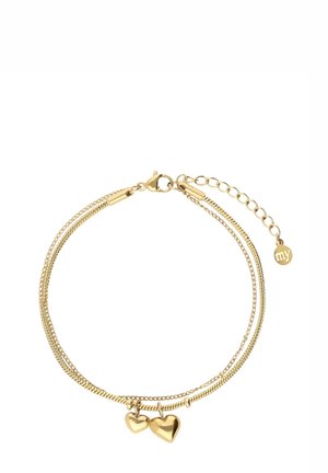 Armband in Goldoptik mit zwei Herzanhängern, einem doppellagigen Kettendesign und einem Verschluss, verziert mit einem runden Anhänger mit der Aufschrift „my.“