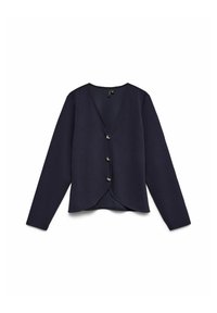 Temno modri cardigan z V-izrezom, dolgimi rokavi in petimi srebrnimi gumbi. Tkanina se zdi mehka z gladko teksturo in rahlo ukrivljenim robom.