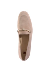 Suede loafers in light beige, featuring a square gold-tone hardware accent and a clean, rounded toe design. Minimalist and streamlined shape.