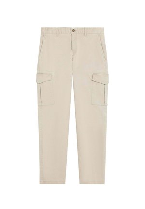 Pantalones cargo beige con corte recto, que cuentan con dos bolsillos laterales, cierre de botón y sutil detalle de costura. Fabricados en material duradero.