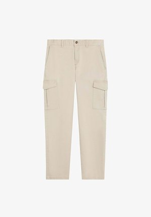 Beige cargo pants with a straight fit, featuring two side pockets, button closure, and subtle stitching detail. Made of durable material.
