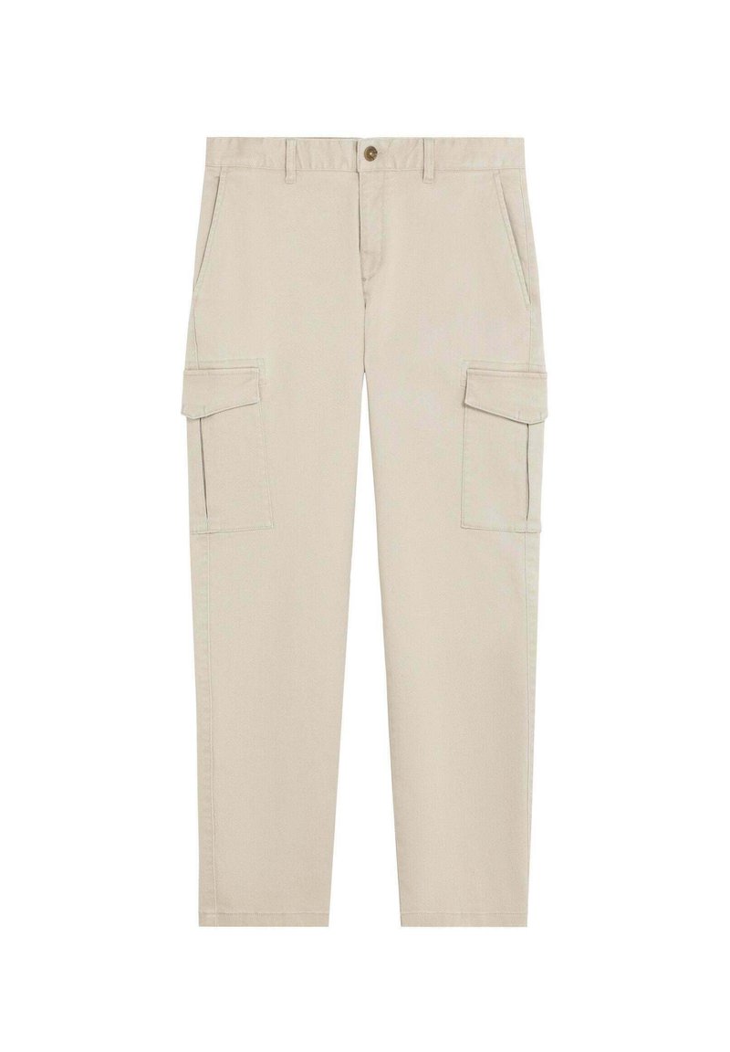 Pantaloni cargo bej cu croi drept, dotati cu doua buzunare laterale, inchidere cu nasture si detalii subtile de cusatura. Fabricati din material durabil.