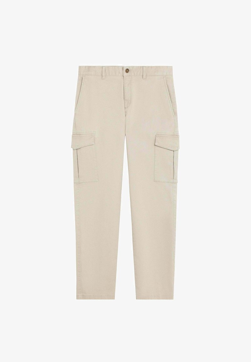Pantaloni cargo bej cu croi drept, dotati cu doua buzunare laterale, inchidere cu nasture si detalii subtile de cusatura. Fabricati din material durabil.