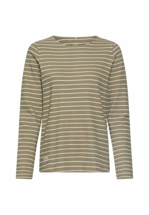 Langærmet beige skjorte med hvide horisontale striber og en lille "LITTLE" tekst nær kanten på en ensartet hvid baggrund.