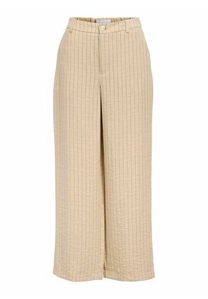 Pantalon beige à jambes larges avec fines rayures verticales, fermeture par bouton, fermeture éclair et détail de taille élastique.