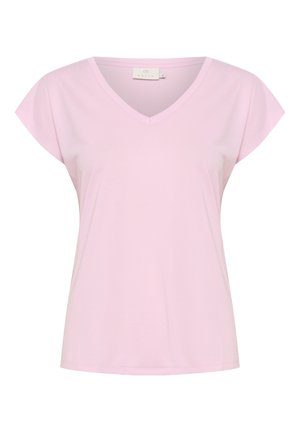 Ljusrosa V-hals T-shirt med korta ärmar, tillverkad av mjukt tyg, med en avslappnad passform och slät yta, minimalistisk design utan mönster.