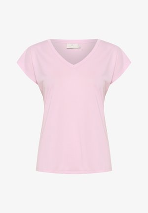 Helles rosa V-Ausschnitt-T-Shirt mit kurzen Ärmeln, aus weichem Material, mit lässigem Schnitt und glatter Textur, minimalistisches Design ohne Muster.