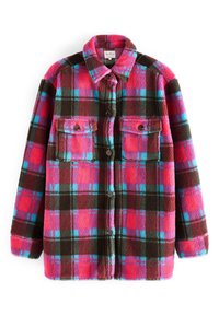 Károvaná fleecová košile s bundou v růžové, hnědé a tyrkysové barvě. Obsahuje límec, zapínání na knoflíky a dvě náprsní kapsy s knoflíkovými detaily.